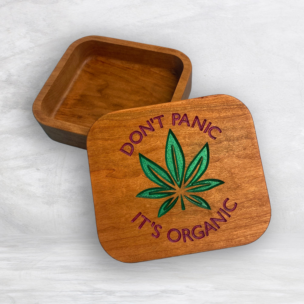 Solid Cherry Wood Box with Lid - Natural Stain & Hand Painted - Don't Panic It's Organic - Made in USA