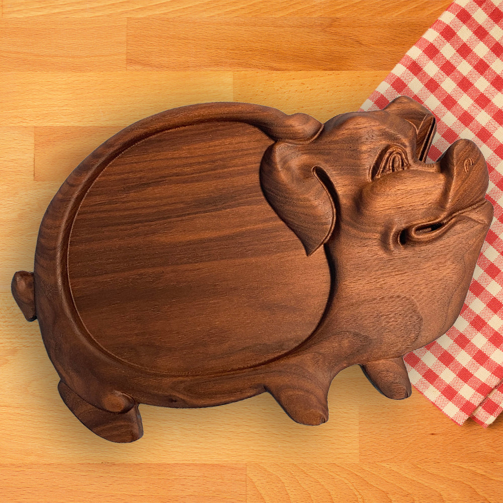 3D Pig Wood Serving Tray - Precision Carved Solid Premium Walnut Tray - Made in USA