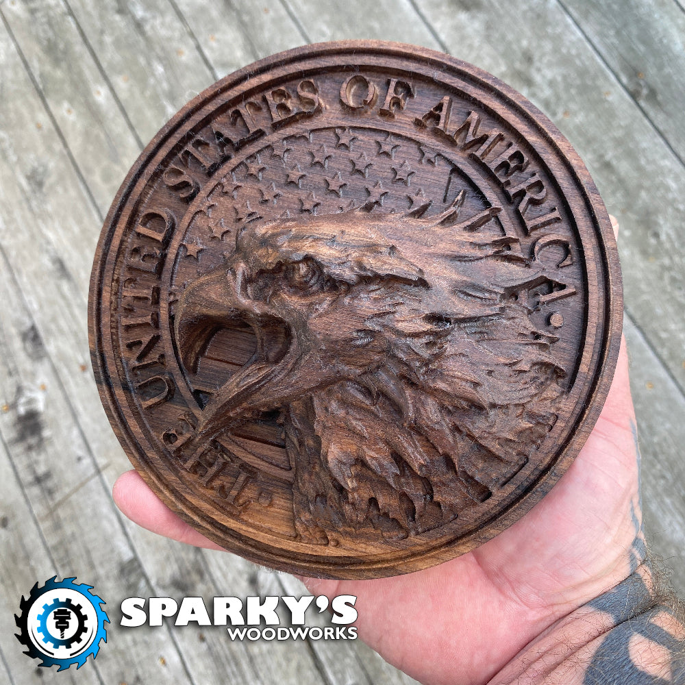 3D Carved Wood Eagle Over USA Flag