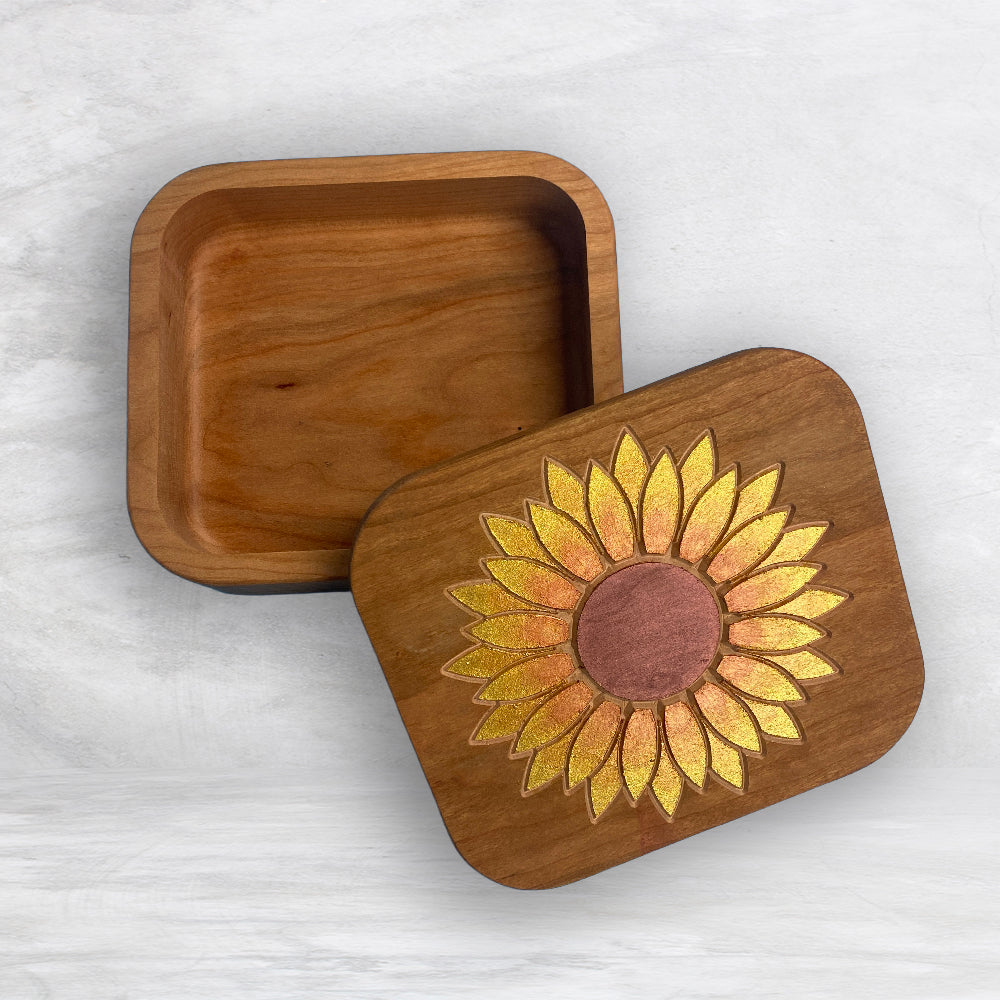 Solid Cherry Wood Box with Lid - Natural Stain & Hand Painted - Sunflower - Made in USA