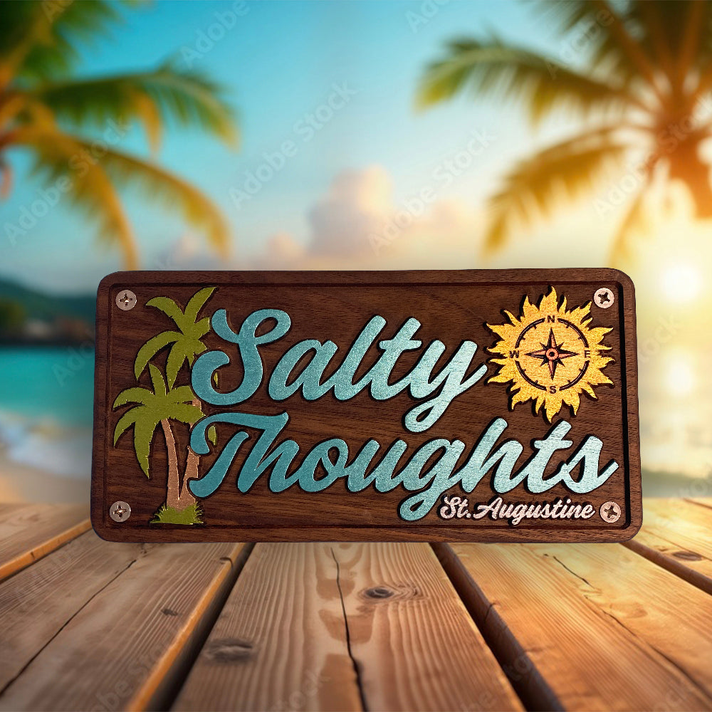 Salty Thoughts - Personalized Precision Carved Solid Cherry Novelty License Plate - Made in USA