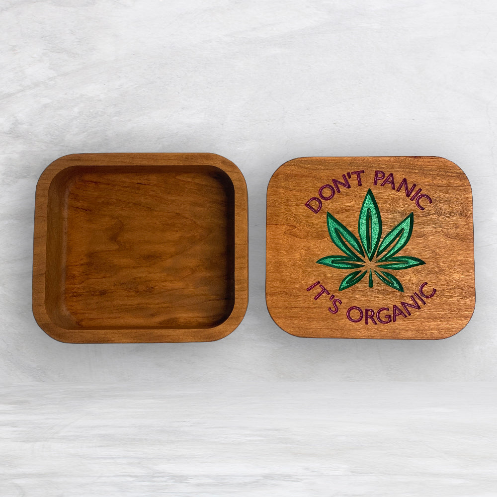 Solid Cherry Wood Box with Lid - Natural Stain & Hand Painted - Don't Panic It's Organic - Made in USA