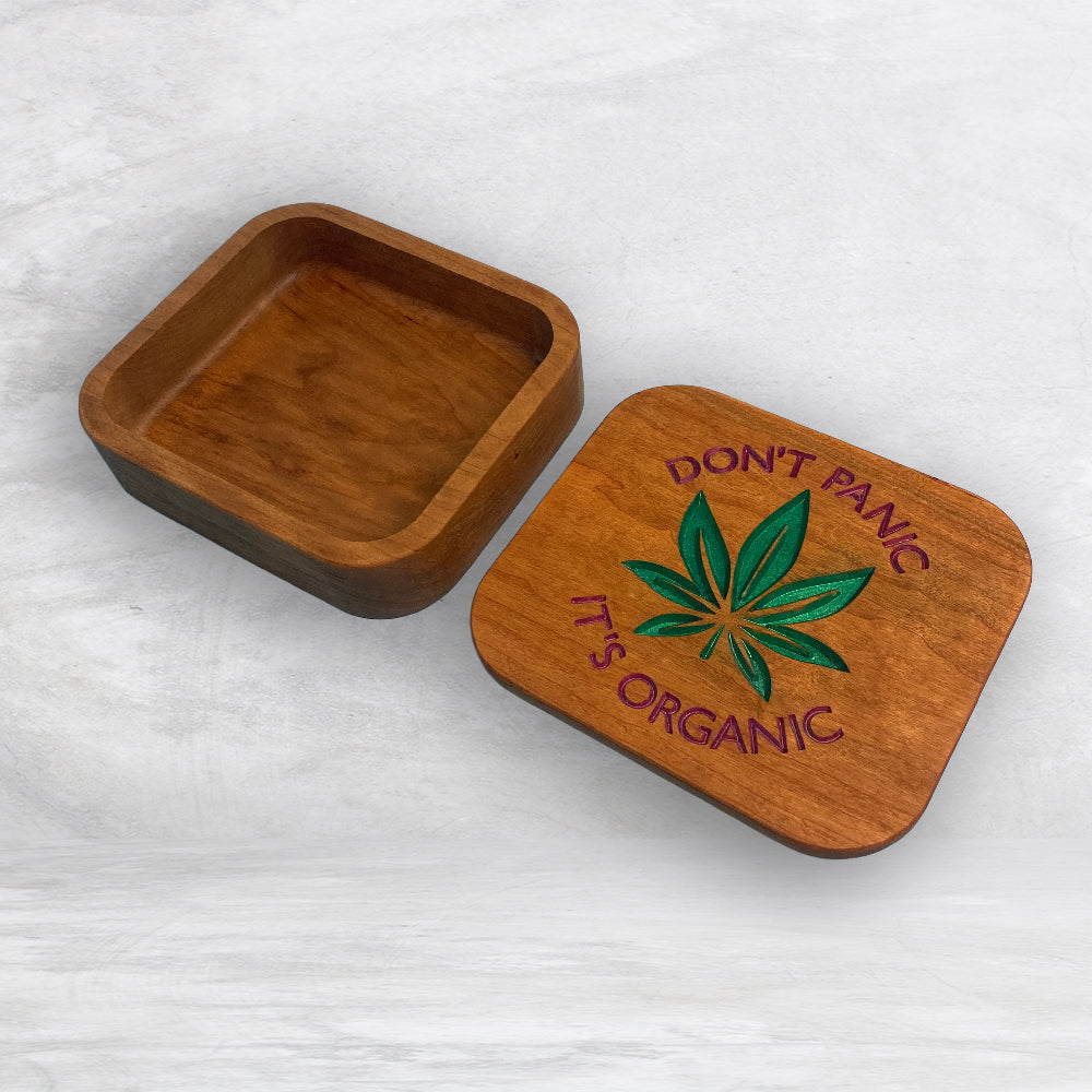 Solid Cherry Wood Box with Lid - Natural Stain & Hand Painted - Don't Panic It's Organic - Made in USA