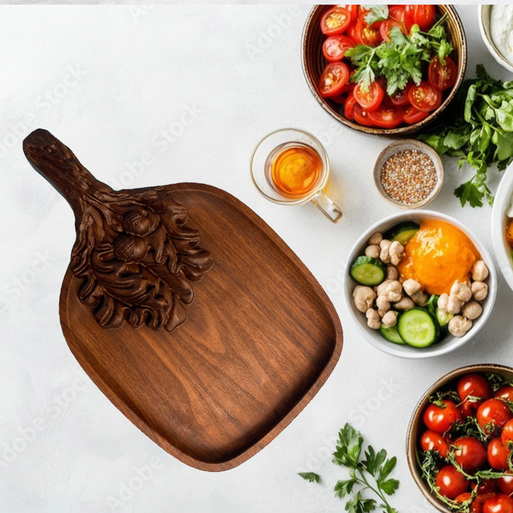 3D Wood Serving Tray with Leaves - Precision Carved Solid Premium Walnut Tray - Made in USA