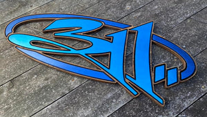 Precision carved 3Eleven wood sign with bold blue hand painted lettering and dark hand stained finish made in USA