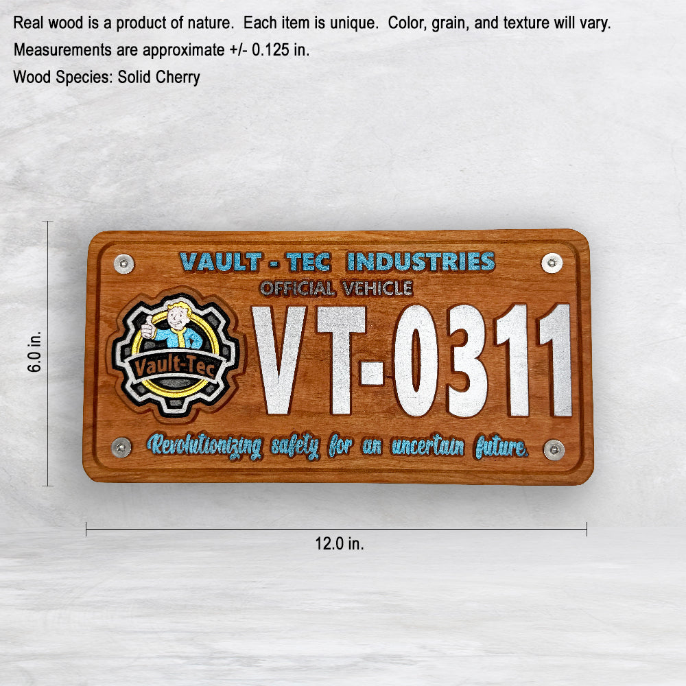 Fallout Novelty License Plate - VT-0311 - Solid Cherry Art Decor Collectible - Precision Carved - Hand Finished - Made in USA