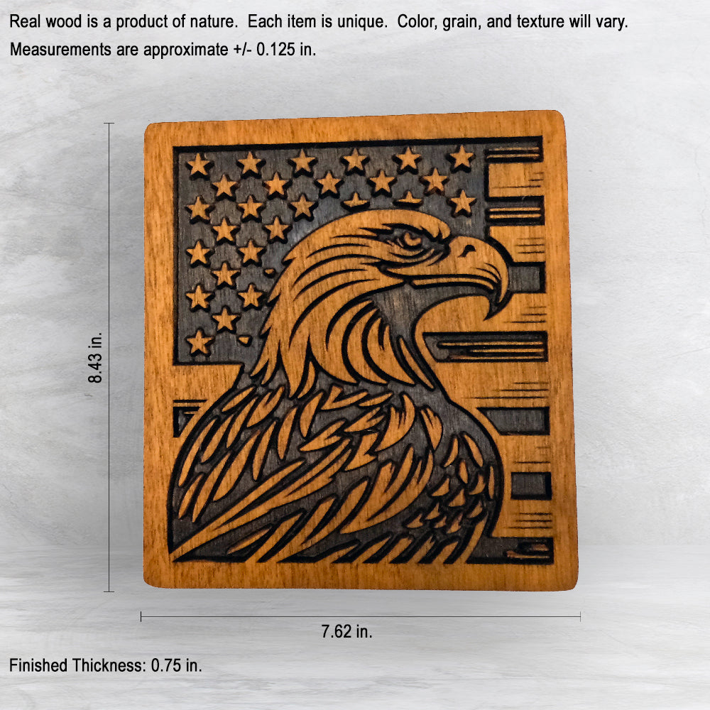 Eagle with USA Flag - Precision Carved Solid Cherry Patriotic Art - Made in USA
