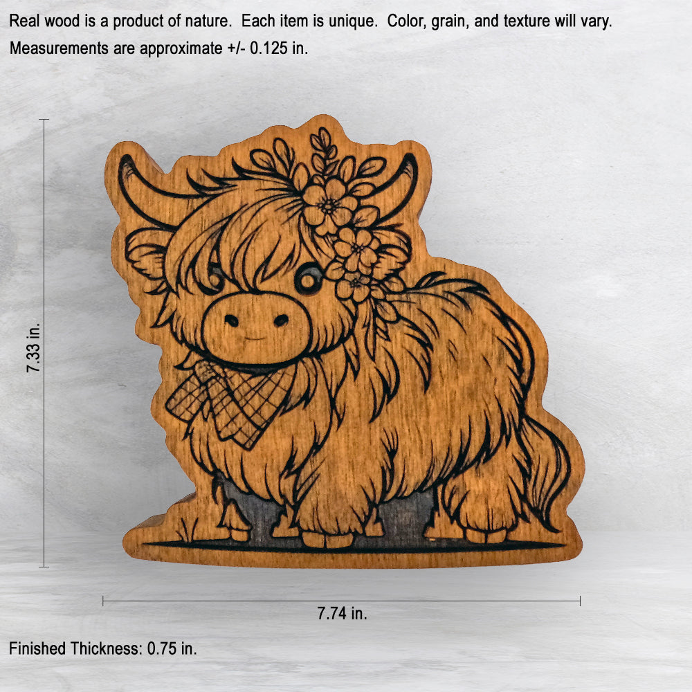 Cute Highland Cow - Stain Only - Precision Carved Solid Cherry Decor Art - Made in USA
