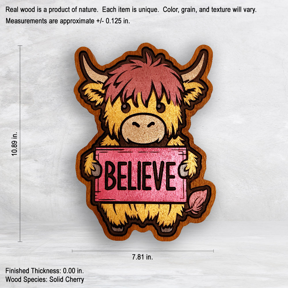 Christmas Highland Cow - BELIEVE Plaque - Solid Cherry Decor Art - Precision Carved - Hand Finished - Made in USA