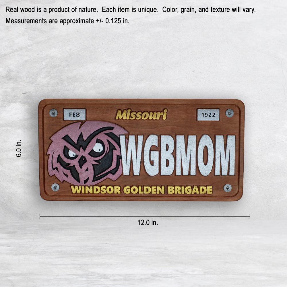 Windsor Owls Novelty License Plate - WGBMOM - Solid Cherry Art Decor Collectible - Precision Carved - Hand Finished - Made in USA