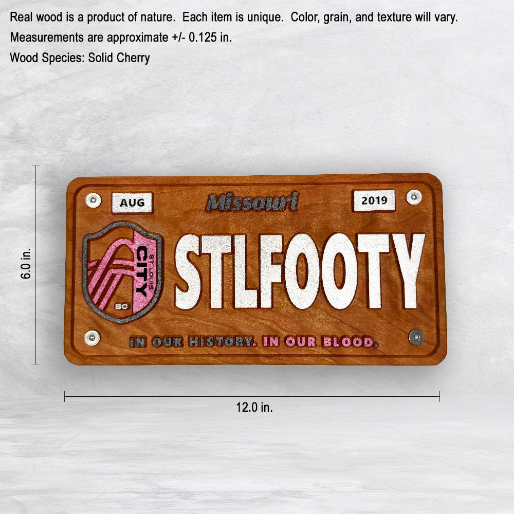 STL City Soccer Novelty License Plate - STLFOOTY - Solid Cherry Art Decor Collectible - Precision Carved - Hand Finished - Made in USA