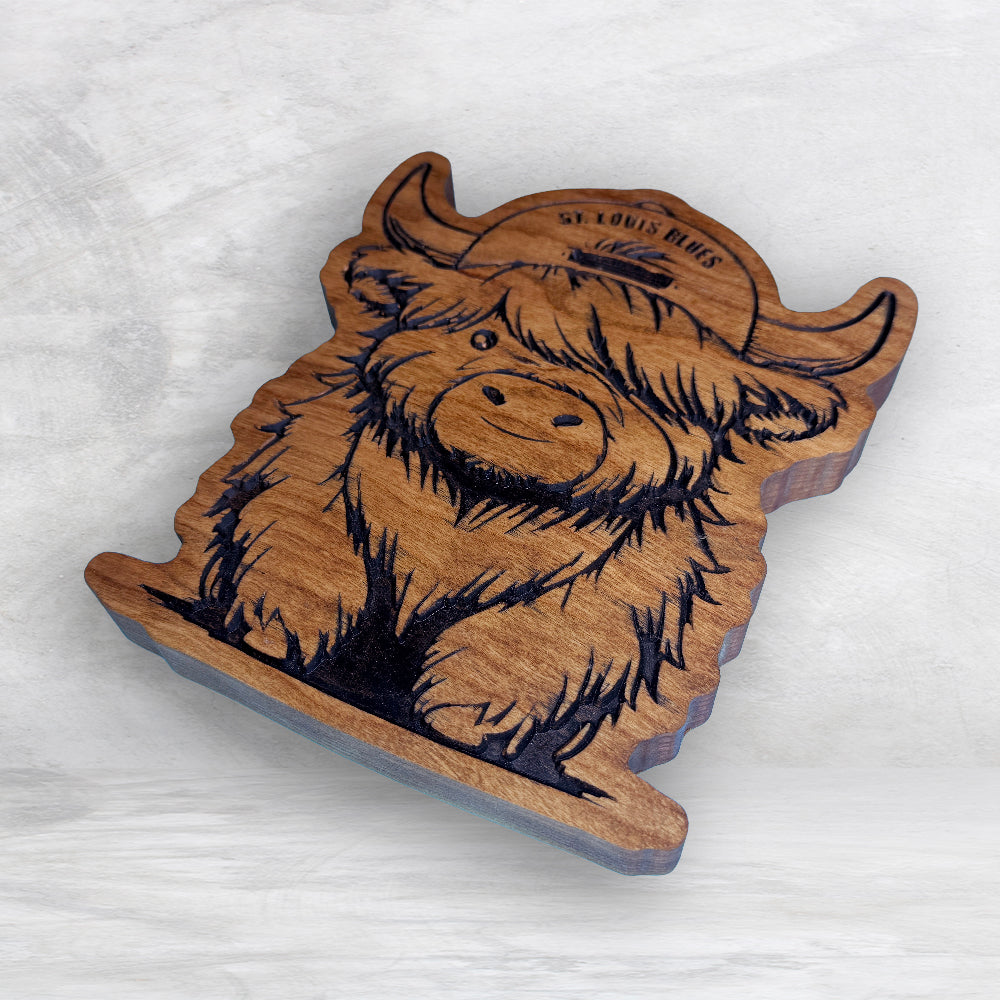 Highland Cow Blues Fan - Precision Carved Solid Cherry Sign Art - Made in USA