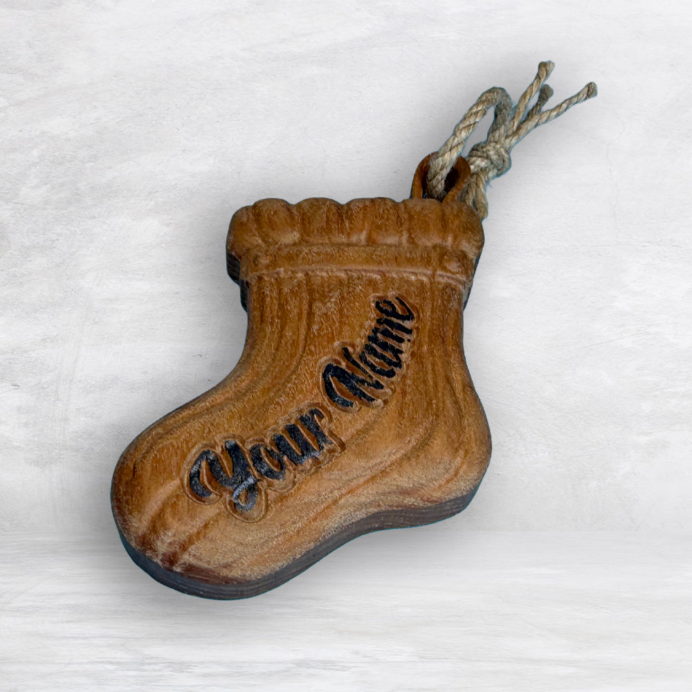 Personalized 3D Carved Wood Stocking Ornament - Precision Carved Solid Cherry Christmas Ornament - Made in USA