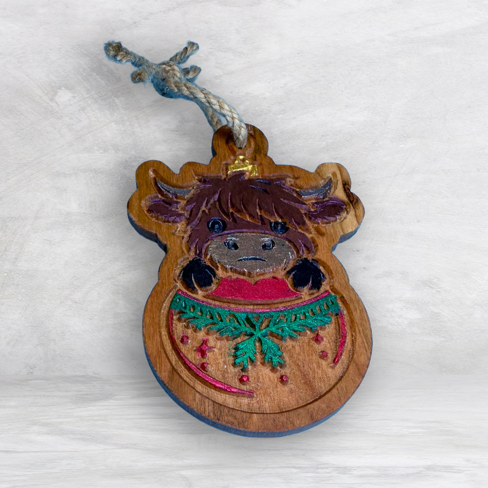 Highland Cow Ornament 1 - Precision Carved Solid Cherry Christmas Ornament - Made in USA