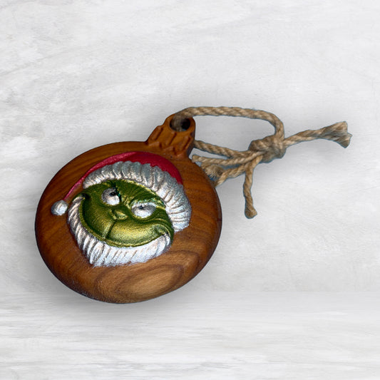 3D Carved Wood Grinch Ornament - Painted - Precision Carved Solid Cherry Christmas Ornament - Made in USA