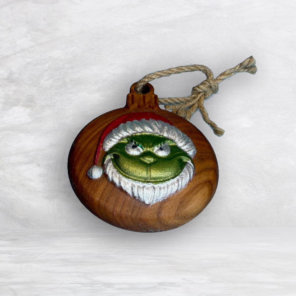 3D Carved Wood Grinch Ornament - Painted - Precision Carved Solid Cherry Christmas Ornament - Made in USA