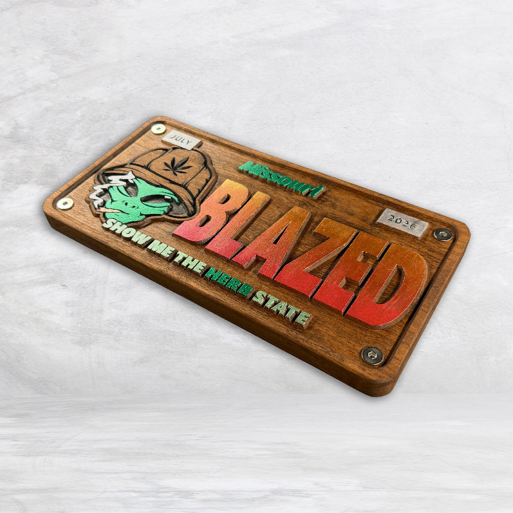 Precision carved cherry wood license plate featuring colorful BLAZED lettering and cannabis artwork hand stained hand painted finished made in USA