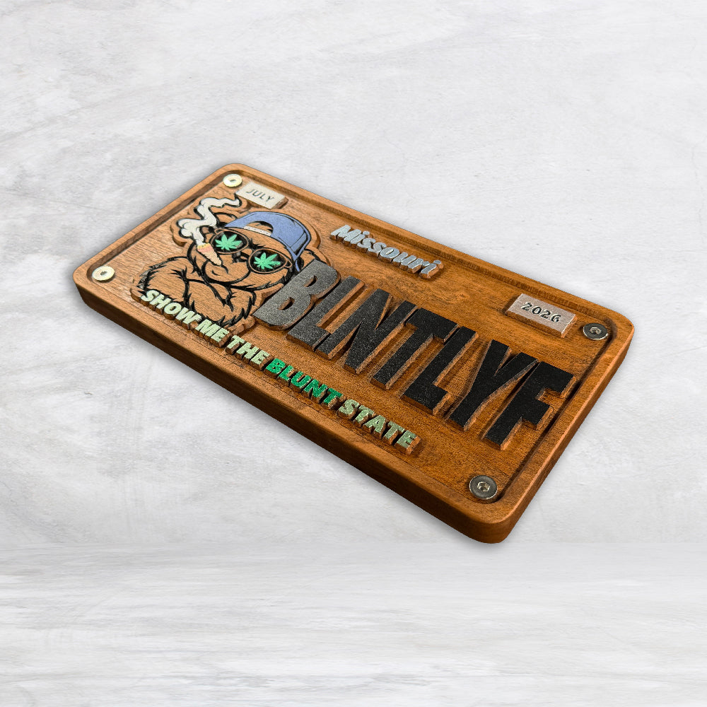 Handcrafted cherry wood BLNTLYF license plate with carved bear artwork precision stained painted and finished in USA