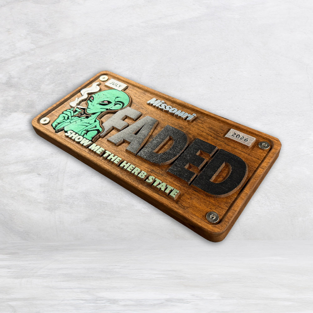 Precision carved cherry wood Missouri license plate with raised FADED lettering green cannabis alien art hand stained painted and finished in USA