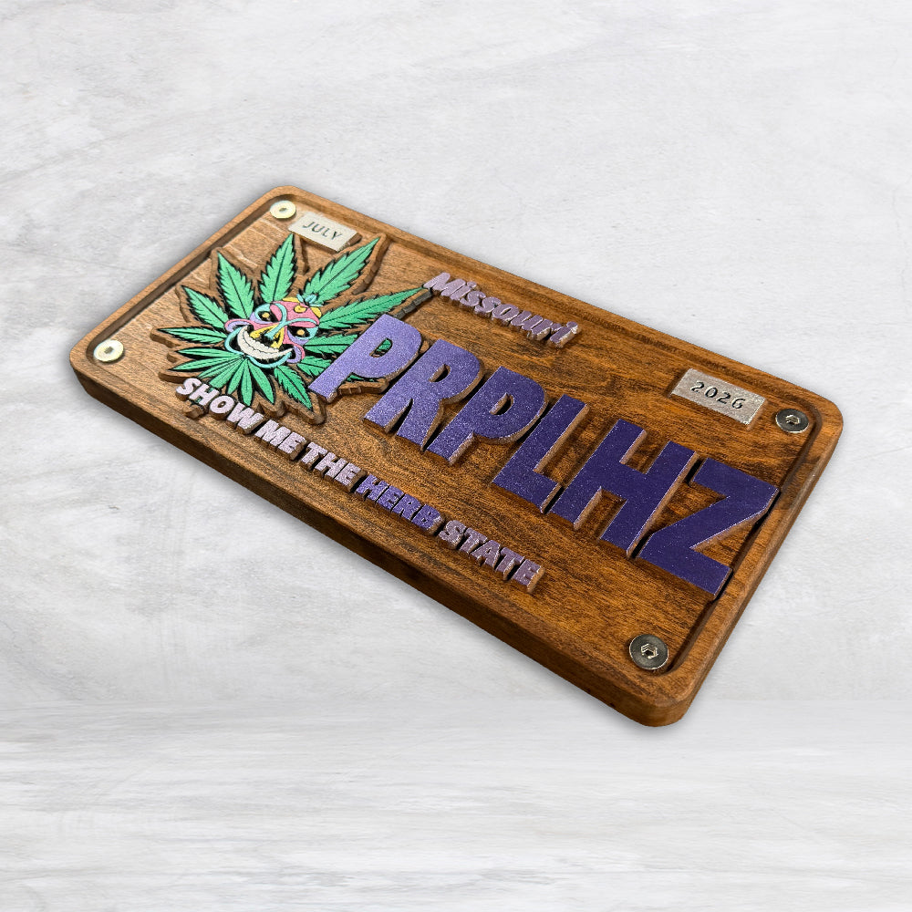 Precision carved cherry wood Missouri license plate with purple PRPLHZ lettering and cannabis artwork hand stained hand painted hand finished made in USA