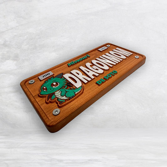 De Soto Dragons Wood Novelty License Plate - DRAGONMOM - Solid Cherry Art Decor Collectible - Precision Carved - Hand Finished - Made in USA