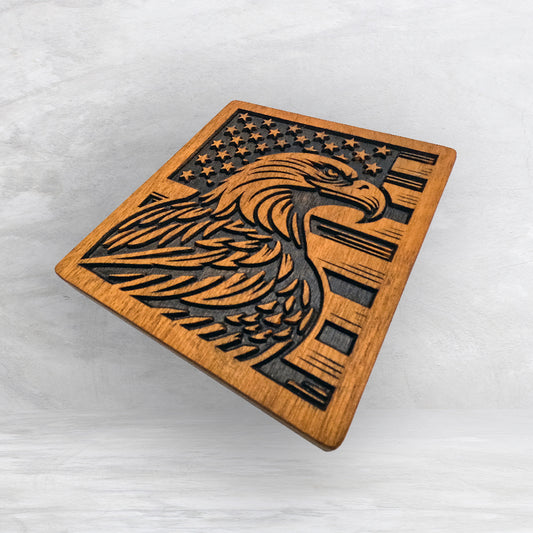 Eagle with USA Flag - Precision Carved Solid Cherry Patriotic Art - Made in USA