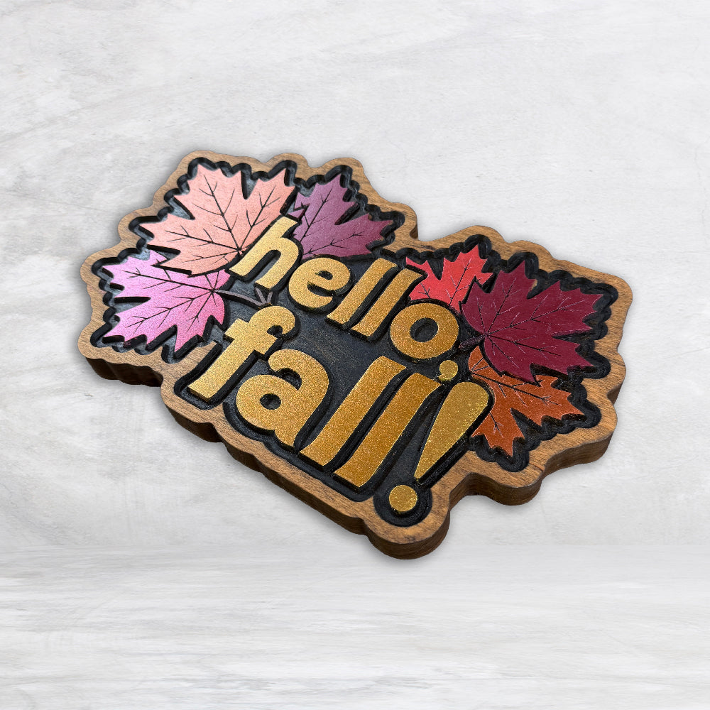 Hello Fall! Leaves Wood Sign - Style 2 - Cherry - Small