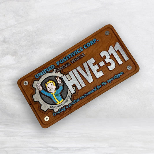 Fallout Inspired LE 311 Novelty License Plate - HIVE311 - Solid Cherry Art Decor Collectible - Precision Carved - Hand Finished - Made in USA
