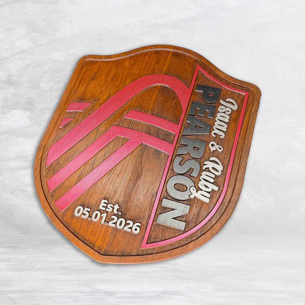 Precision carved wood wedding sign with personalized names, established date, hand finished red and black painted design on smooth stained hardwood decor.