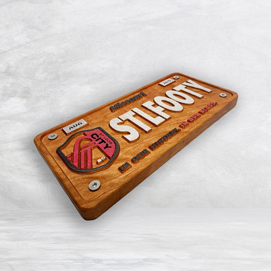 STL City Soccer Novelty License Plate - STLFOOTY - Solid Cherry Art Decor Collectible - Precision Carved - Hand Finished - Made in USA