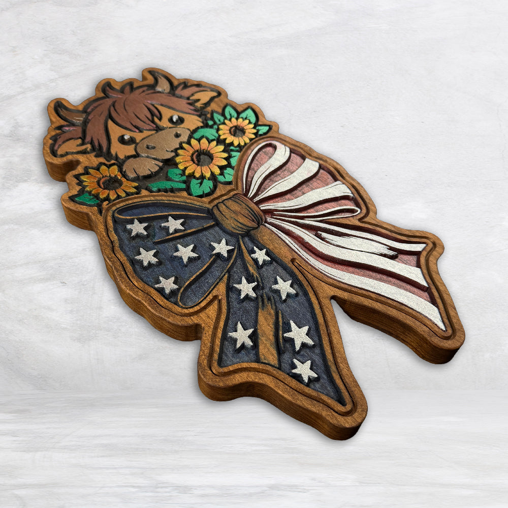 USA Bow and Ribbon Highland Cow - Painted