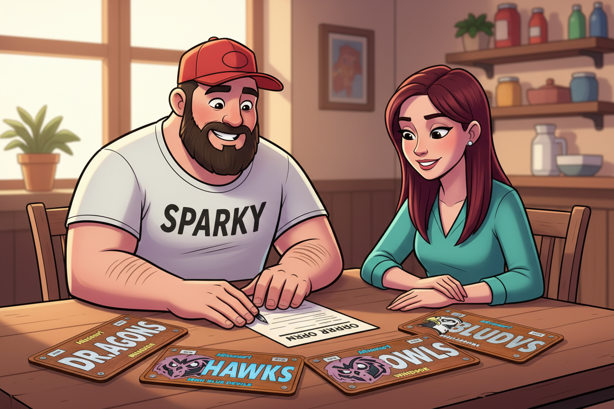 Sparky and a red-haired colleague reviewing custom wood license plate orders at a table, with finished school fundraiser plates from local Missouri schools laid out in front of them