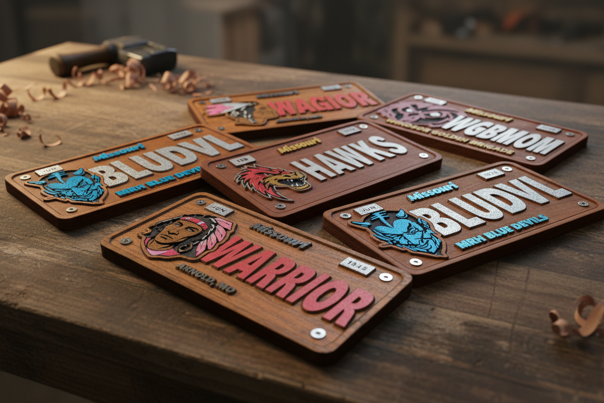 Five custom handcrafted wood novelty license plates from local Missouri schools including De Soto Dragons, Hillsboro Hawks, Windsor Owls, MRH Blue Devils, and Fox Warriors, arranged on a rustic wood surface
