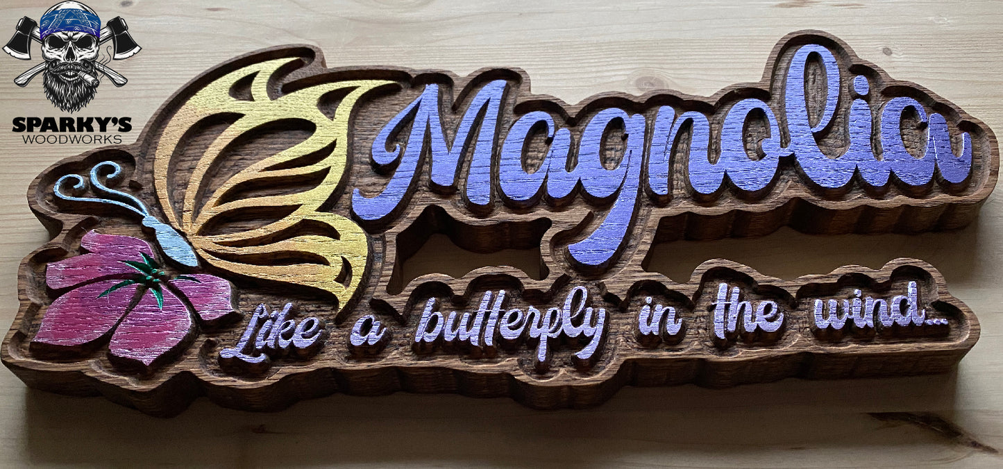 Butterfly in the Wind Personalized Wood Sign - Precision Carved Solid Cherry Name Sign - Made in USA