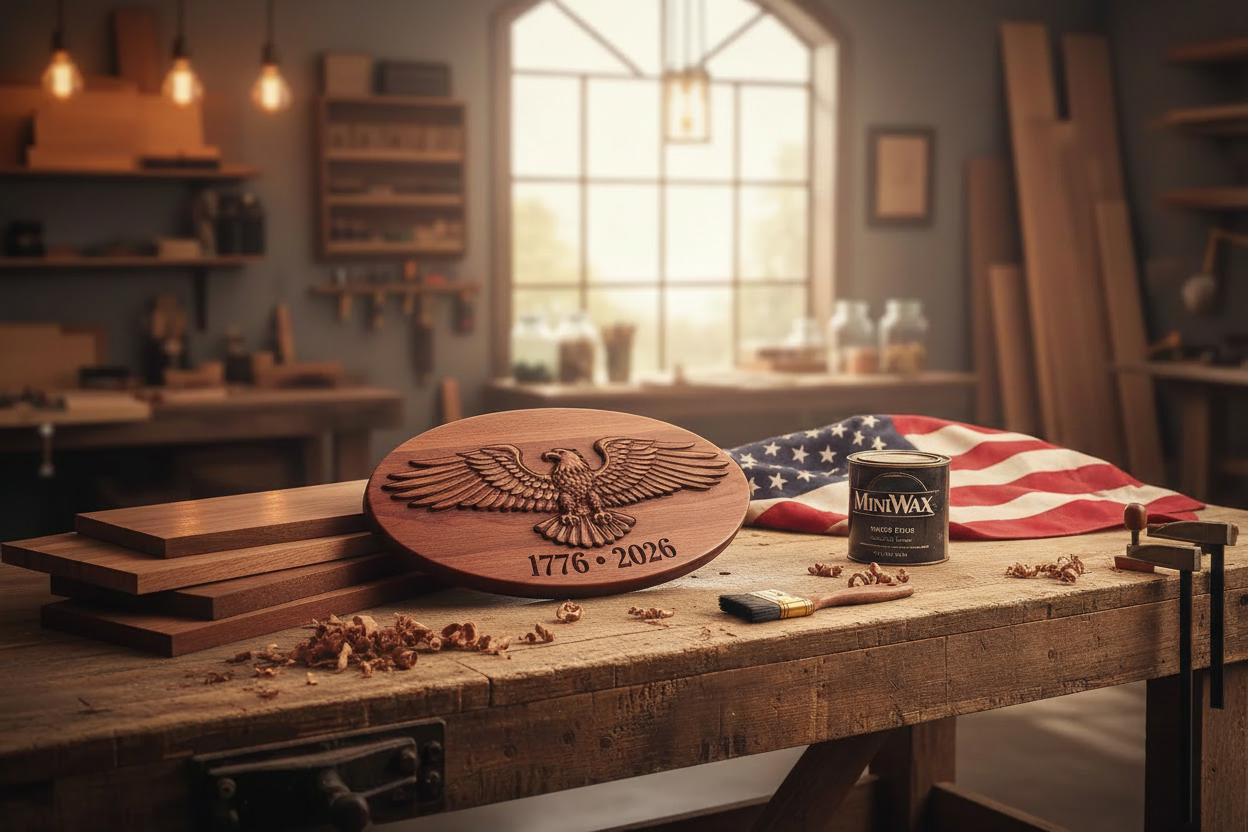Precision-carved Cherry wood American eagle plaque with 1776-2026 and worn American flag draped on a Sparky's Woodworks workbench.