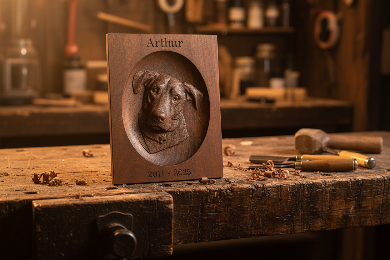 3D carved solid Genuine Mahogany custom pet memorial portrait displayed on a rustic workshop workbench, warm golden lighting, handcrafted in Missouri by Sparky's Woodworks