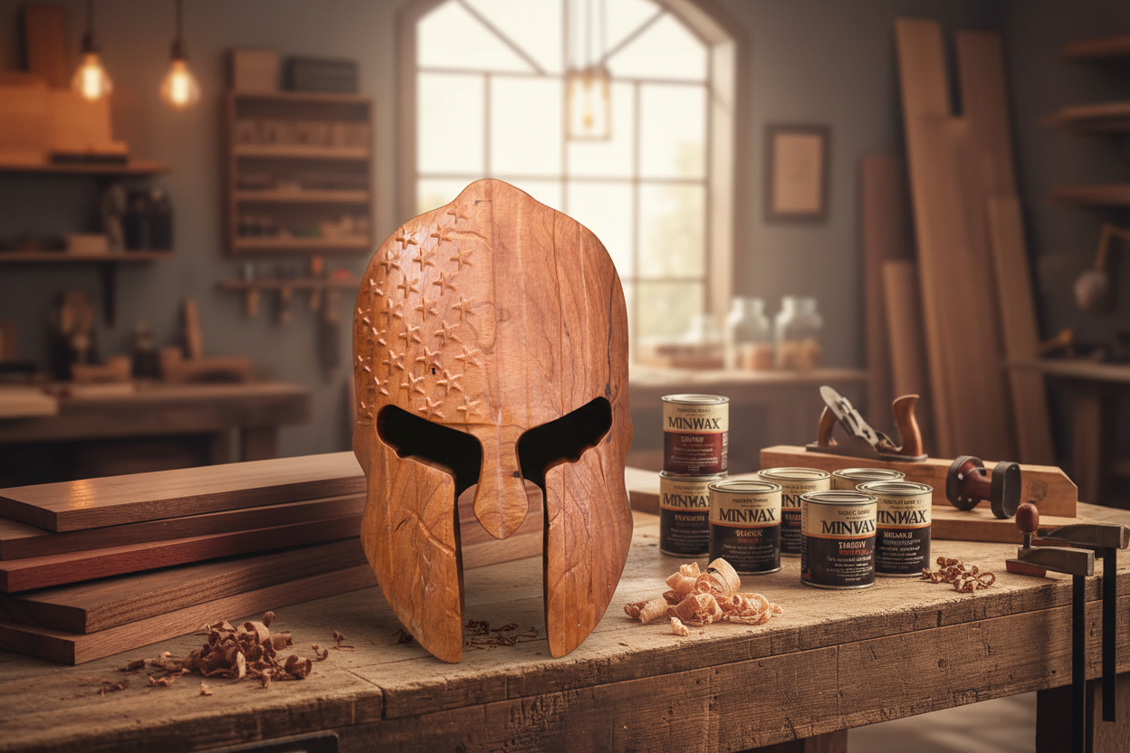 3D USA Spartan Helmet precision-carved from solid Cherry wood with embossed American flag, hand-finished with MinWax Tung Oil at Sparky's Woodworks