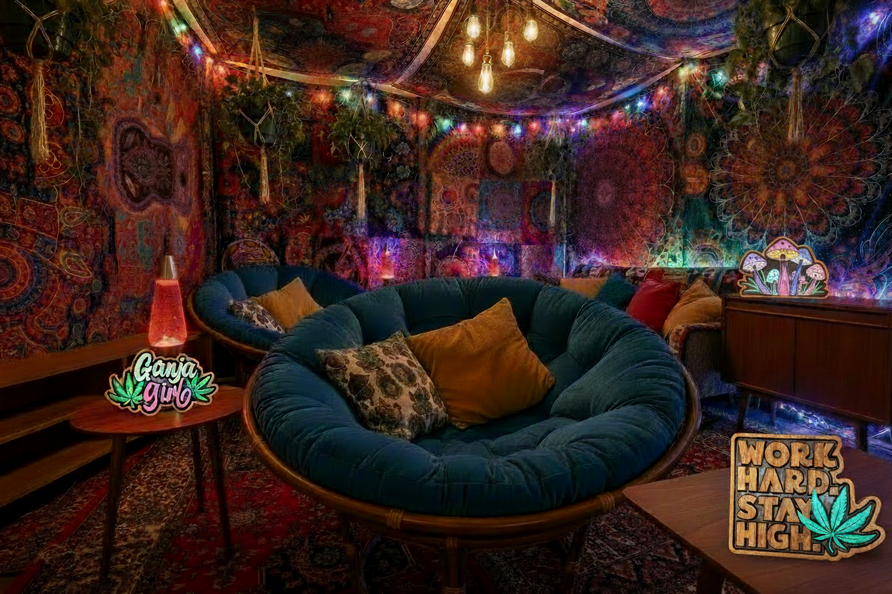 Sparky's Woodworks CannaArt collection displayed in a cozy bohemian chill room with lava lamps, colorful tapestries, and a blue papasan chair