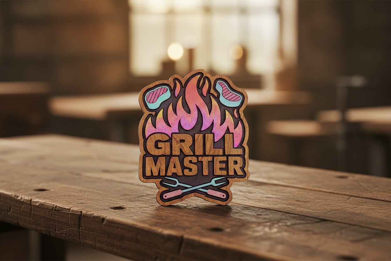 Precision-carved Grill Master wood sign on a rustic workshop workbench — handcrafted and Missouri-made by Sparky's Woodworks