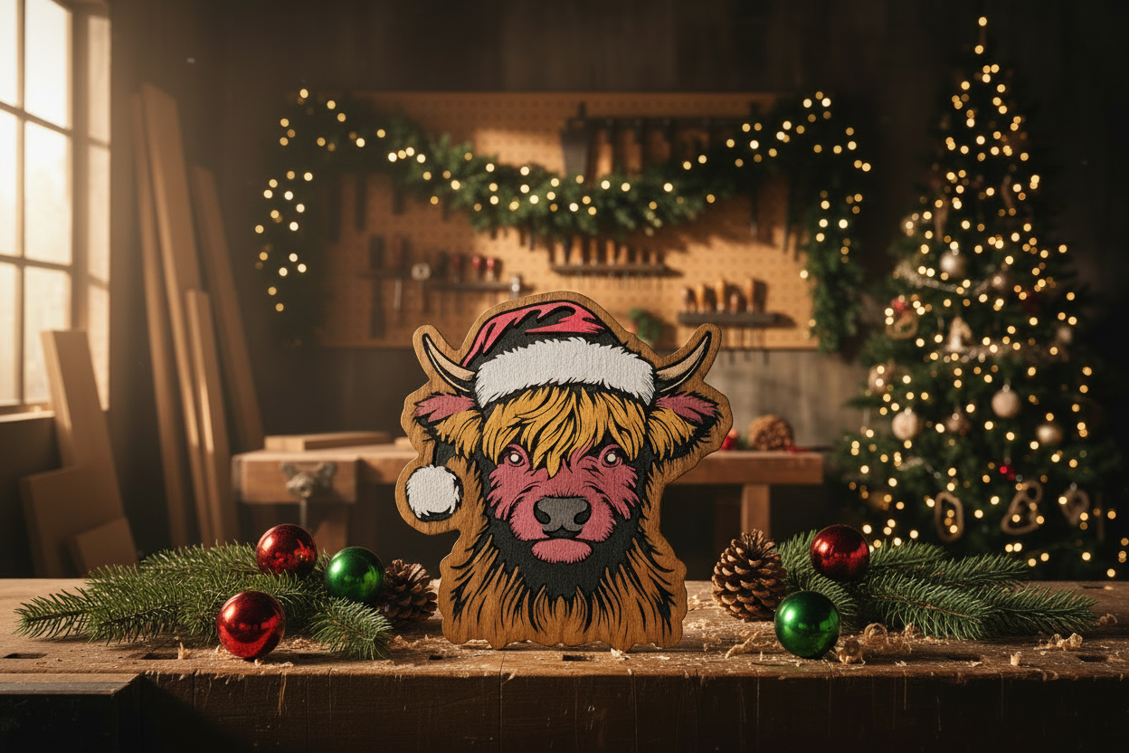 Sparky's Woodworks Christmas in July — hand-painted Highland Cow Santa Hat sign laying on a rustic workshop workbench, decorated with garland, ornaments, and a Christmas tree in the background.