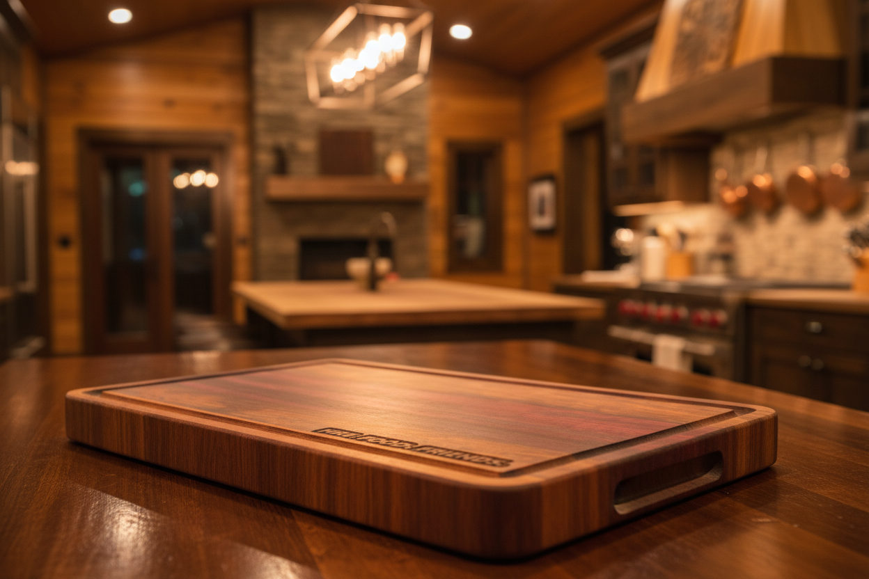 Extra Thick Multispecies Butcher Block Cutting Board displayed in a warm upscale cabin kitchen — handcrafted and Missouri-made by Sparky's Woodworks