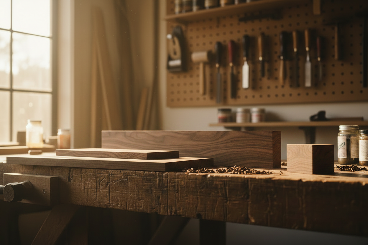 Several pieces of Roasted Ash wood arranged on a rustic workbench in Sparky's Woodworks shop