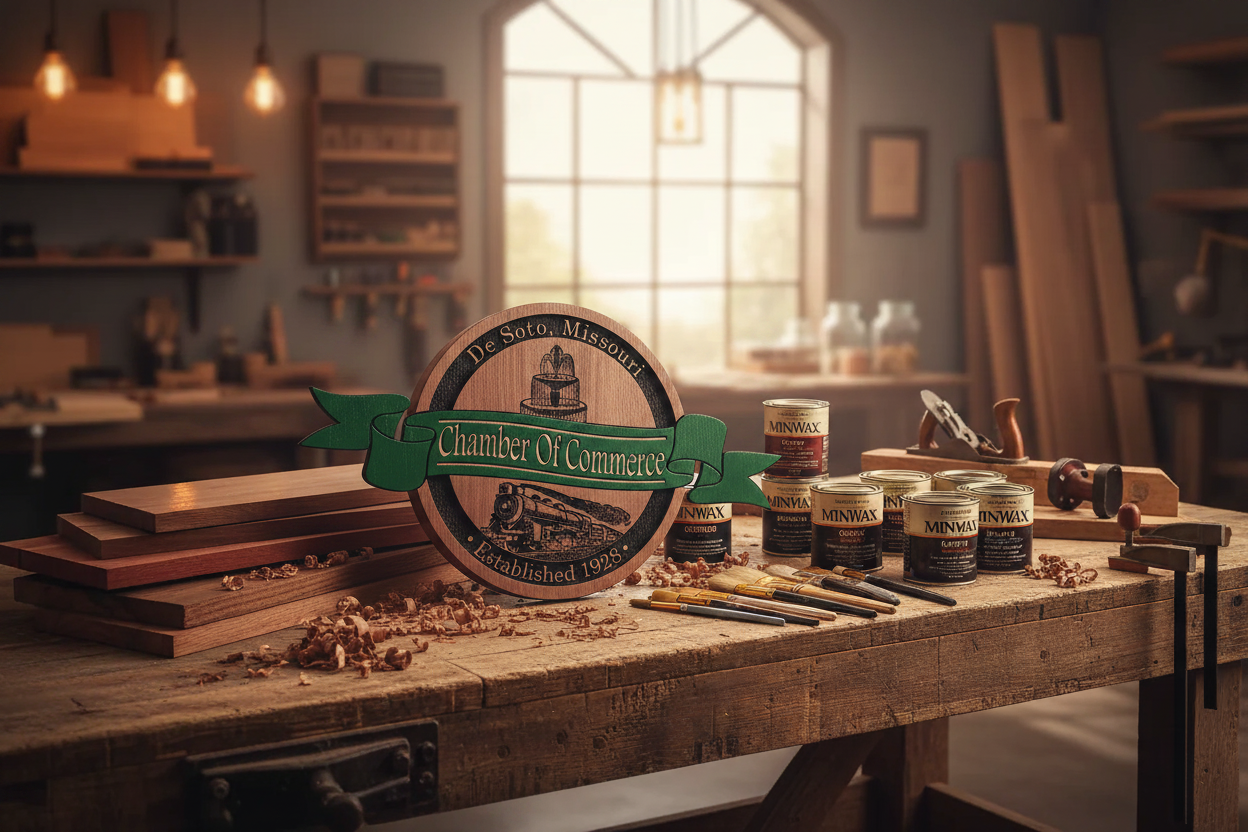 Hand-carved De Soto Missouri Chamber of Commerce round wood sign with two-tone MinWax stain at Sparky's Woodworks