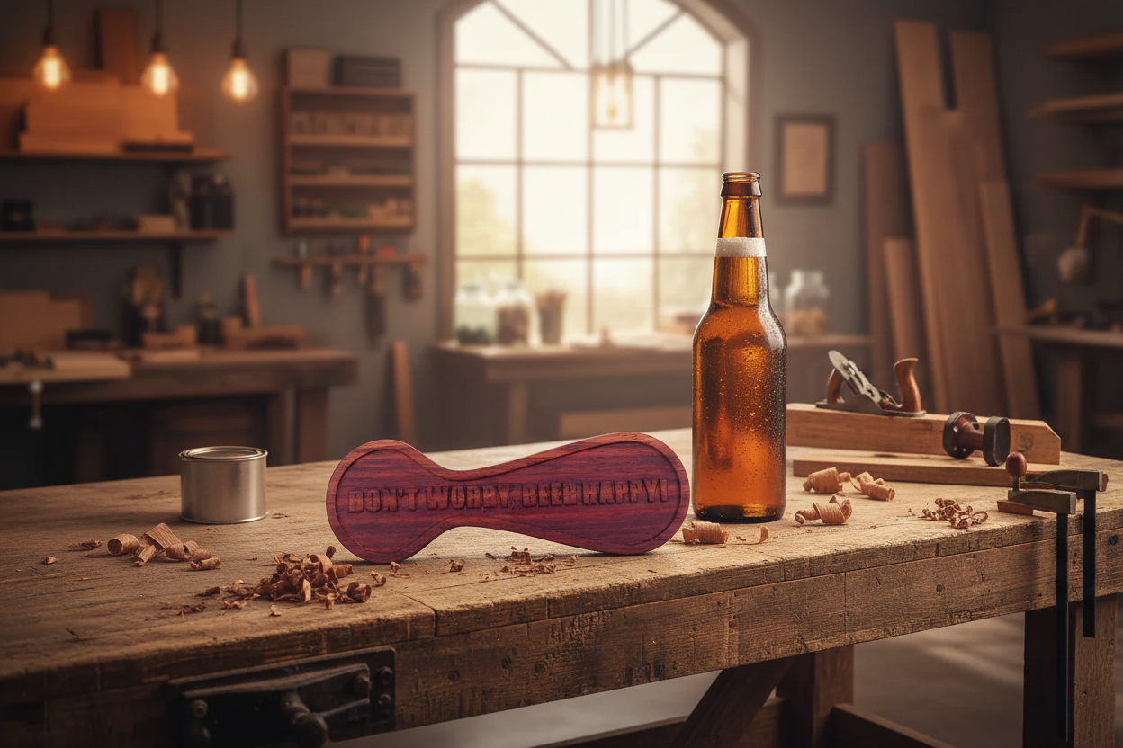 "Don't Worry Beer Happy!" handheld bottle opener precision-carved from solid African Padauk — Missouri-made by Sparky's Woodworks