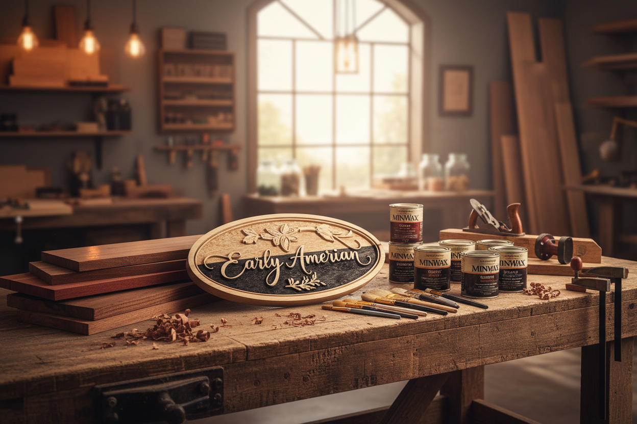 Precision-carved wood sign with two-tone MinWax stain alongside Cherry, Walnut, and Mahogany hardwoods on a workshop workbench at Sparky's Woodworks.