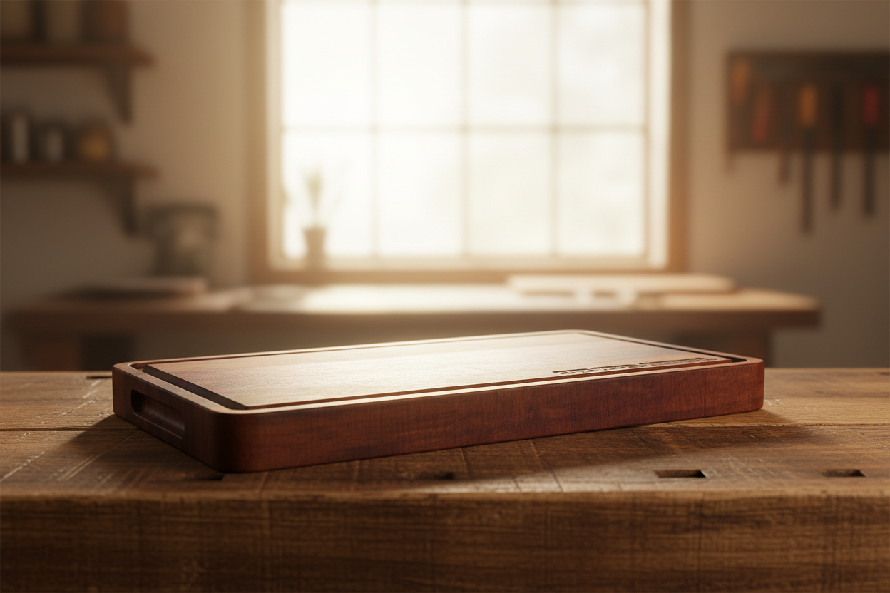 Extra Thick Multispecies Butcher Block Cutting Board Large Fire Food Friends by Sparky's Woodworks on a rustic workshop workbench