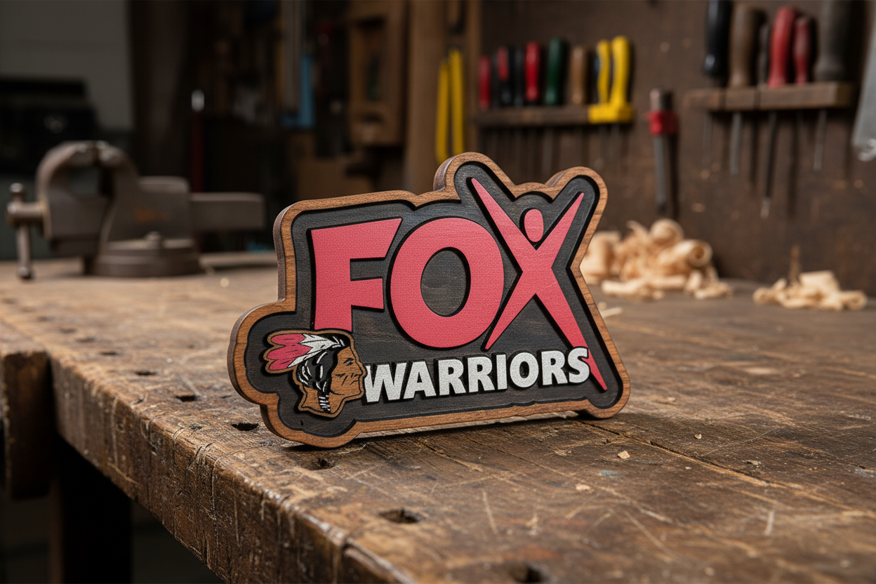 Fox Warriors precision-carved wood logo sign standing upright on a rustic workshop workbench, by Sparky's Woodworks