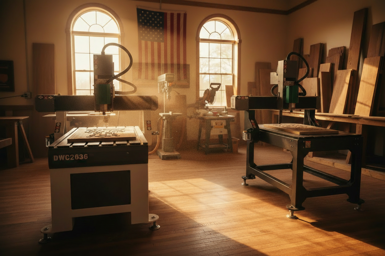 Professional woodworking production facility at Sparky's Woodworks in Missouri featuring DWC2636 and DWC2440 CNC routers and American flag