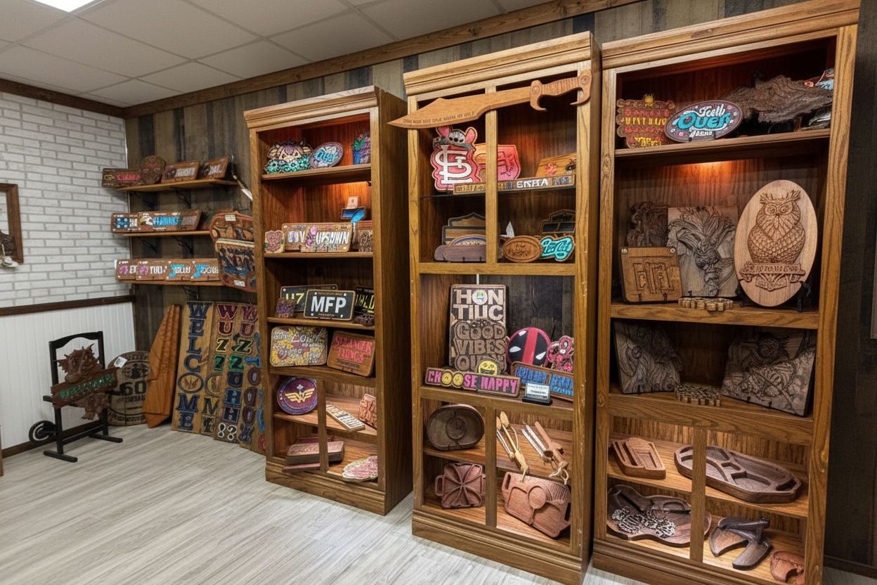 Sparky's Woodworks handcrafted wood signs and décor on display at the Madd Heifer retail booth in De Soto, Missouri