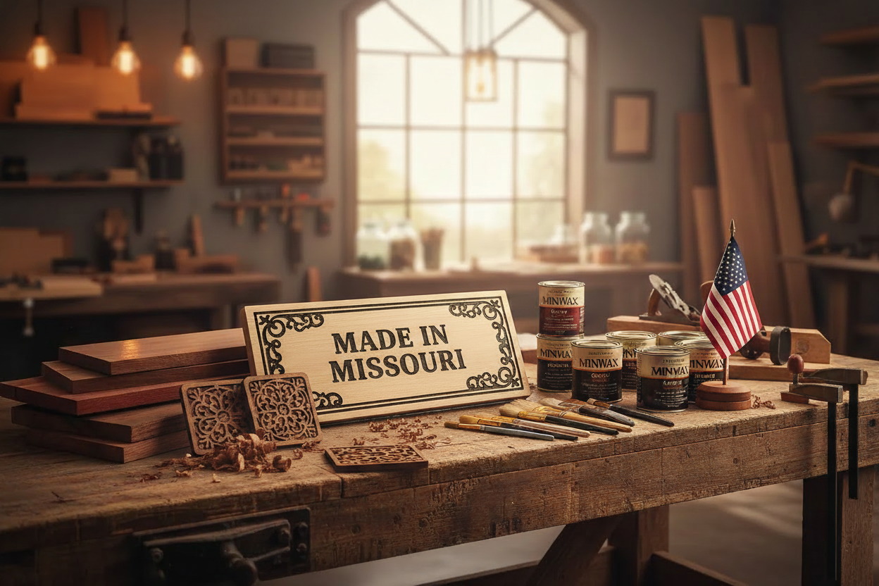 Hand-carved 'Made in Missouri' wood sign with two-tone MinWax stain on a rustic workbench at Sparky's Woodworks.